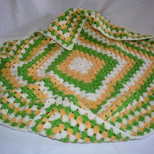 Crochet White, Green, and Cornmeal Baby Blanket/New
